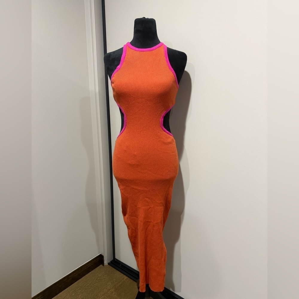 Lucca Couture Alexandra Orange & Pink Cutout Ribbed Midi Dress